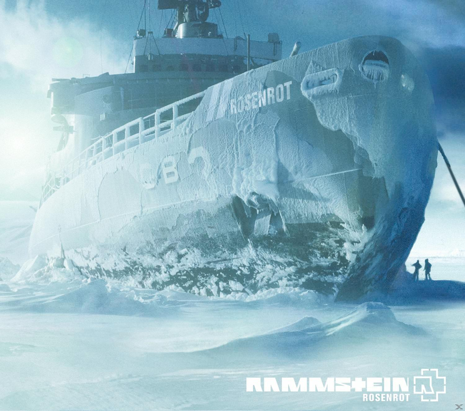 Album borító: Rammstein - Rosenrot. Egy befagyott hajó havas tájban, két figurával.