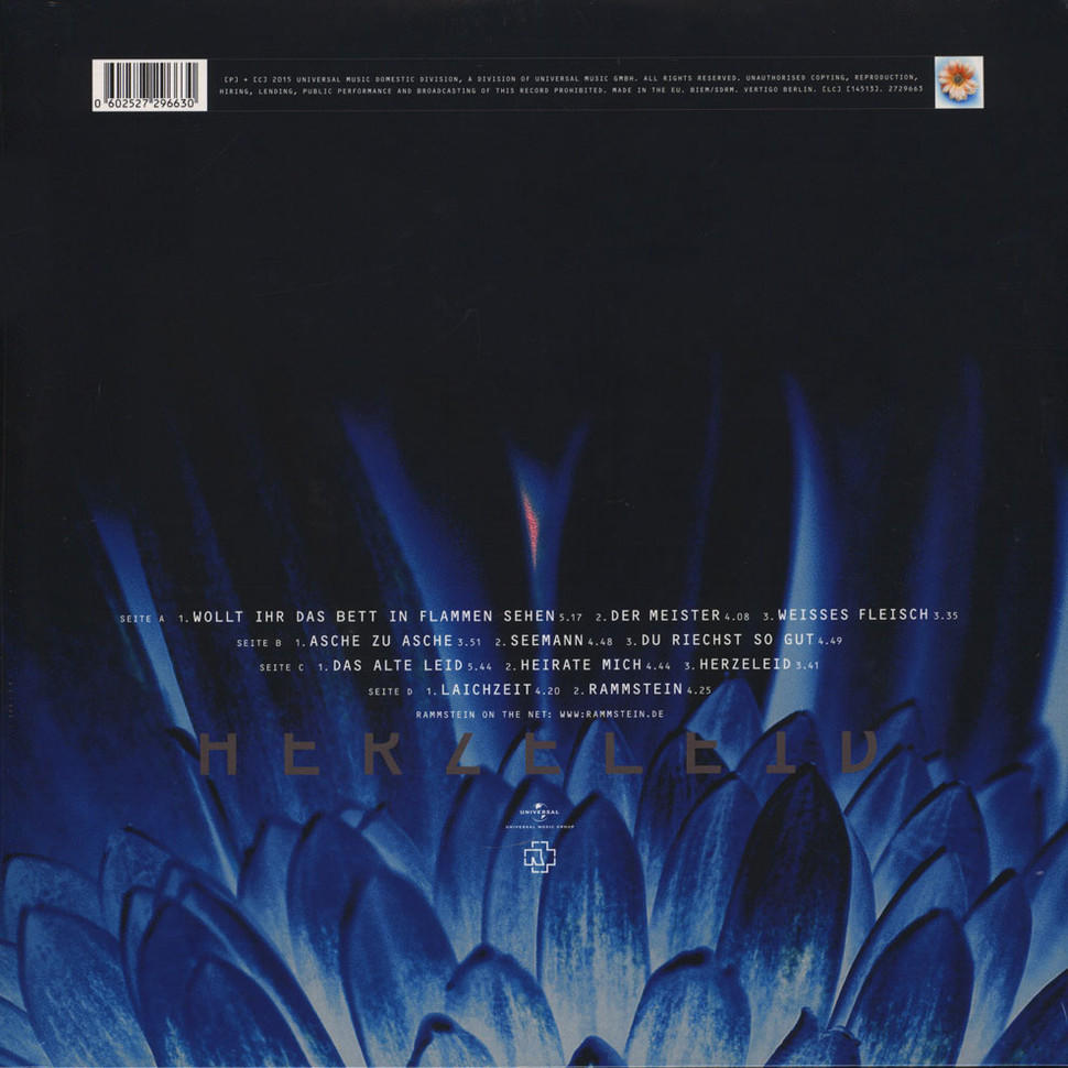 Album borító sötétkék háttérrel és fehér szöveggel, a dalok címei fel vannak sorolva. Virágszerű design alul.