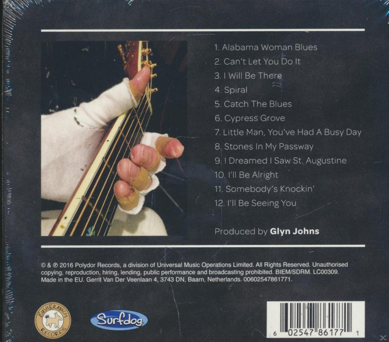 Album hátlap gitározó kézzel és számlistával.