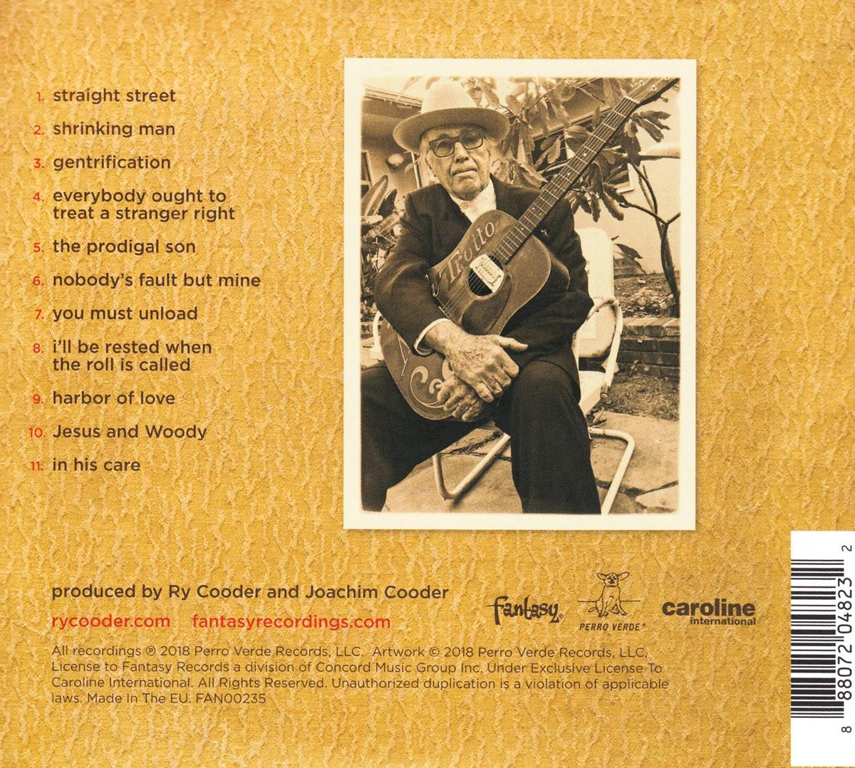 Albumcover mit Mann, der Gitarre hält. Text mit Songtiteln links.