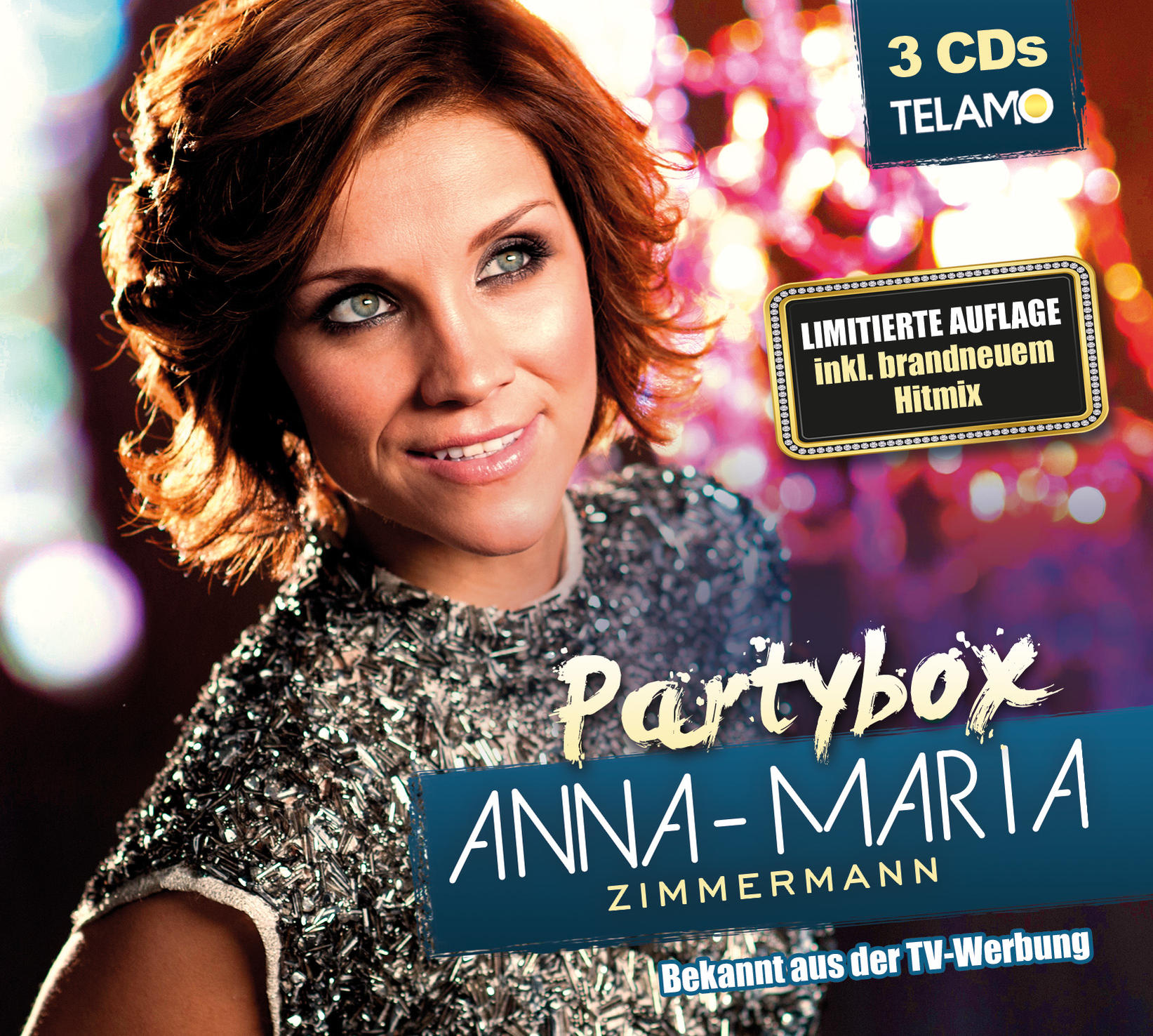 Albumcover: Anna-Maria Zimmermann lächelt mit Textüberlagerung. Der Text lautet 'Partybox' und '3 CDs'.