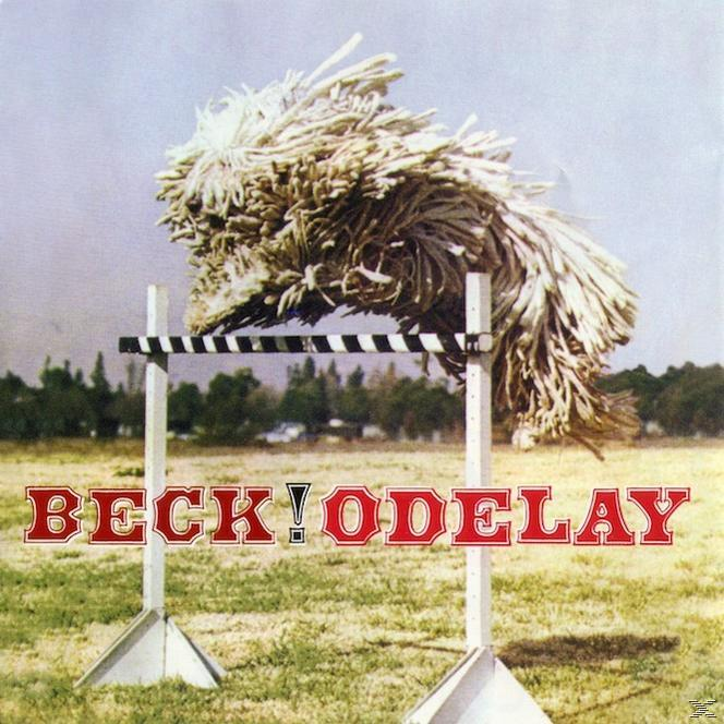 Een harige hond springt over een hindernis op een veld met 'Beck! Odelay'.
