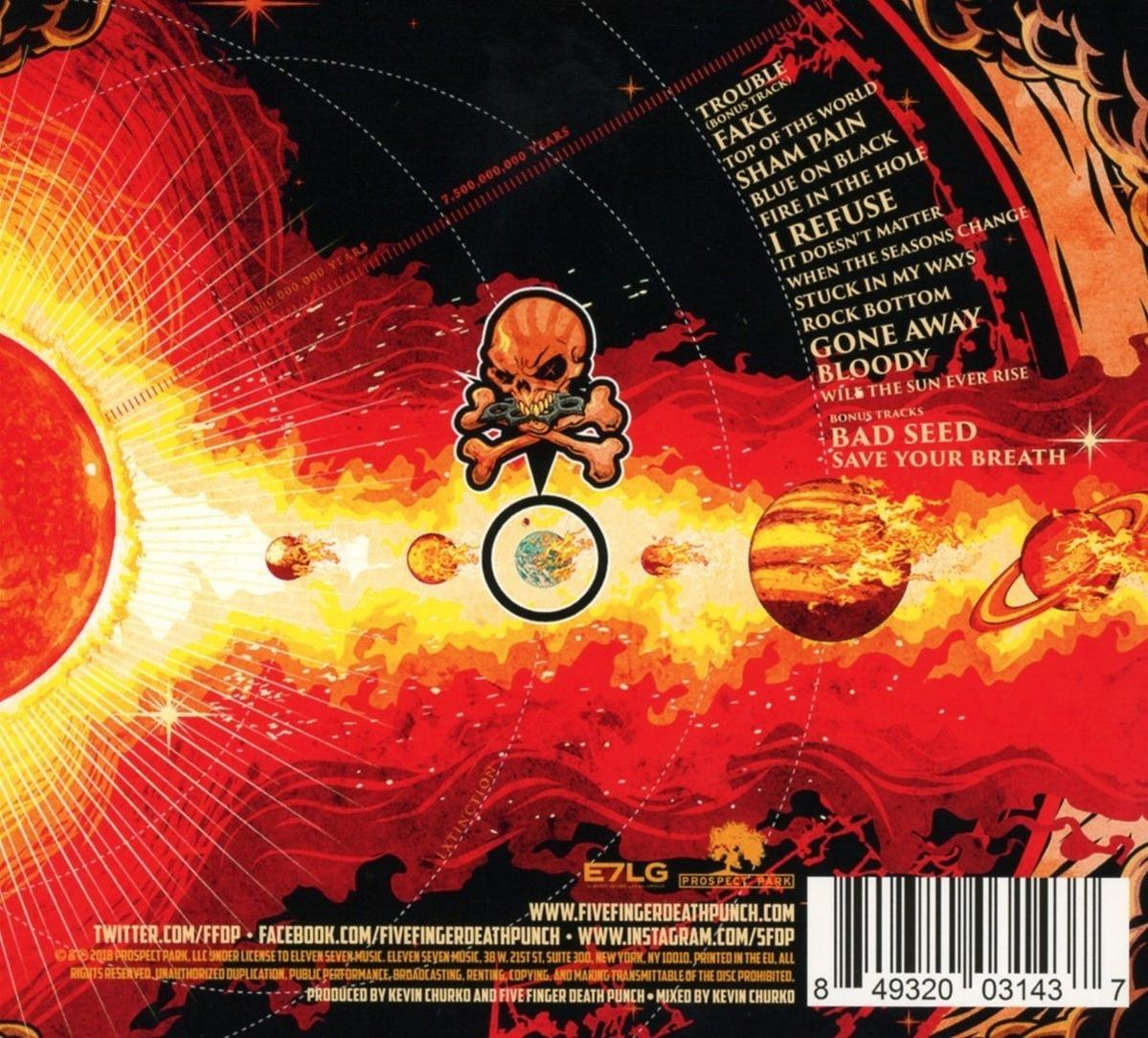 CD-Cover mit Totenkopf, Planeten und Text. Es ist ein Albumcover für Five Finger Death Punch.