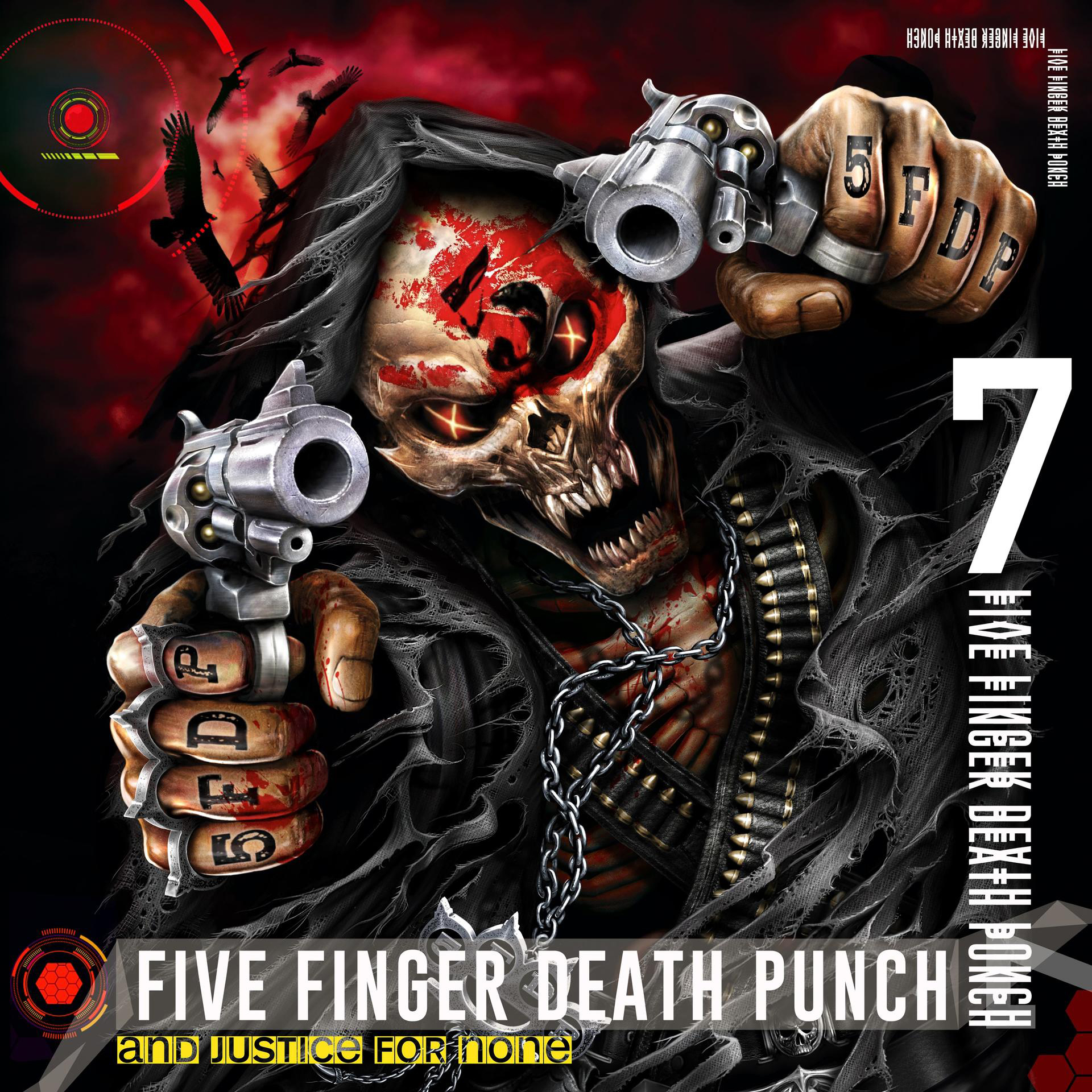 Five Finger Death Punch Albumcover. Sensenmann hält zwei Pistolen. Die Zahl 7 ist im Hintergrund.