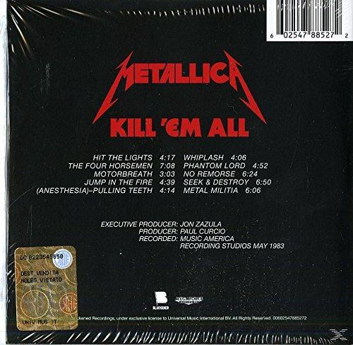 Fekete Metallica Kill 'Em All albumborító, számlistával és logóval.