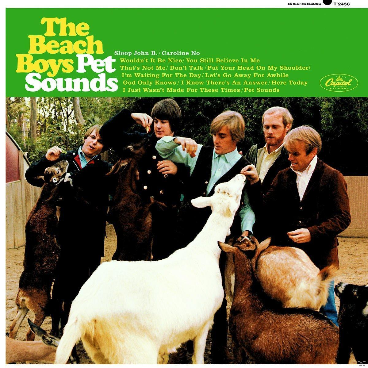 Album borító: The Beach Boys kecskékkel és szöveggel. Zöld háttér.