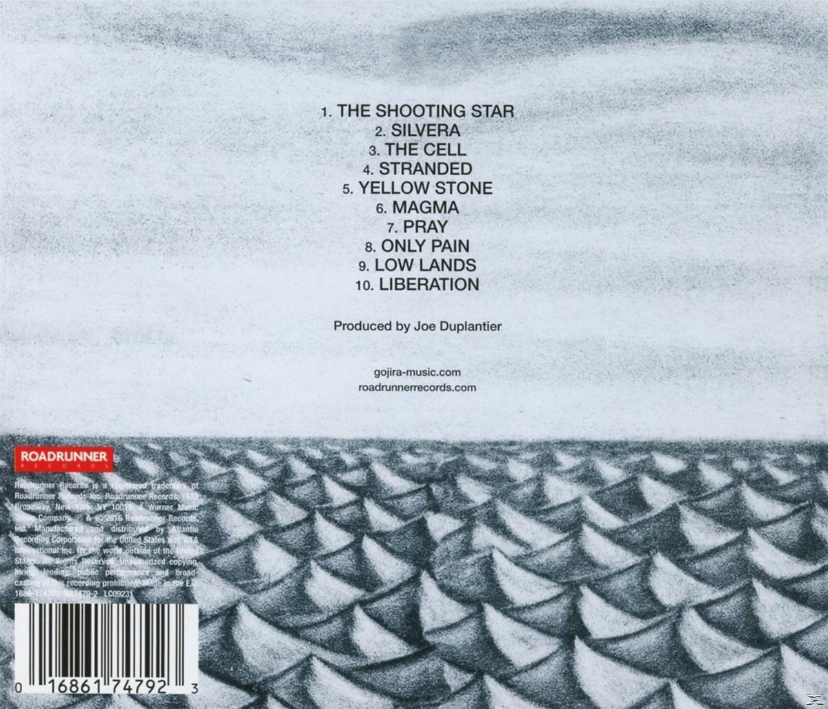 Egy Gojira album hátlapja texturált mintával, számlistával és stáblistával.