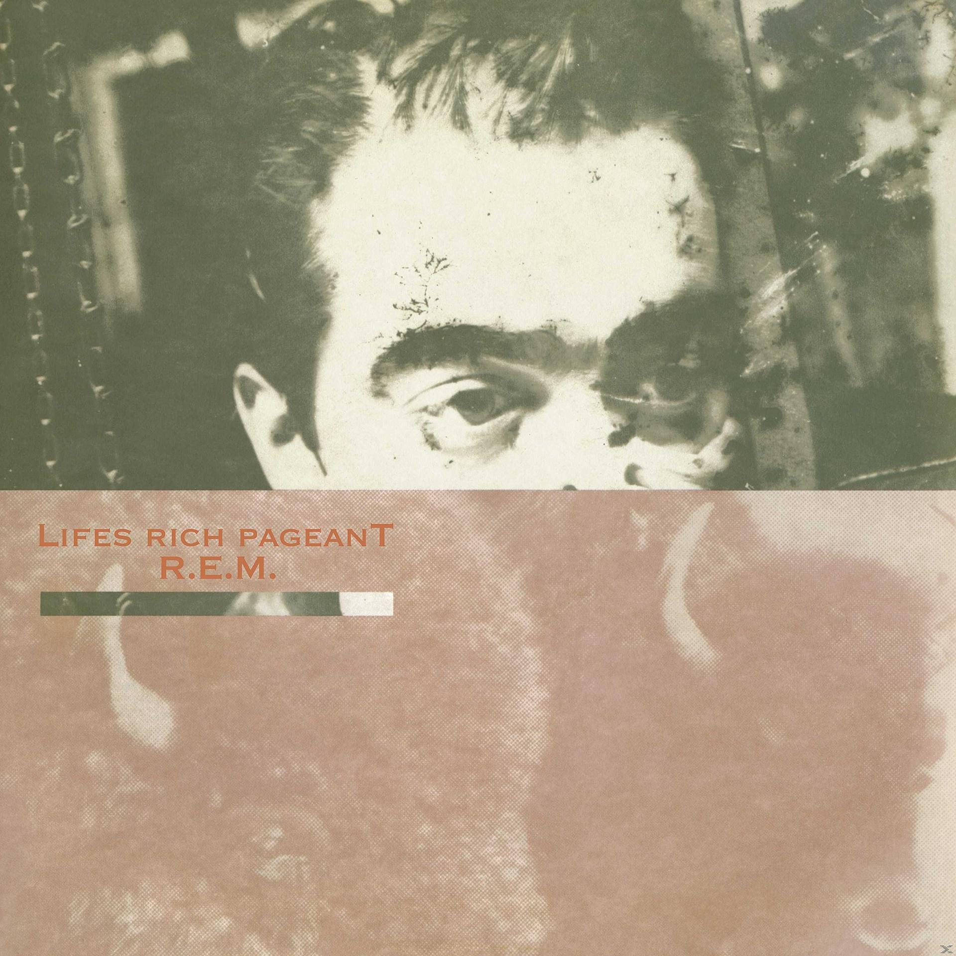 Album borító: Egy férfi arcának közeli képe. Szöveg: Lifes Rich Pageant R.E.M. zöld és rózsaszín árnyalatban.