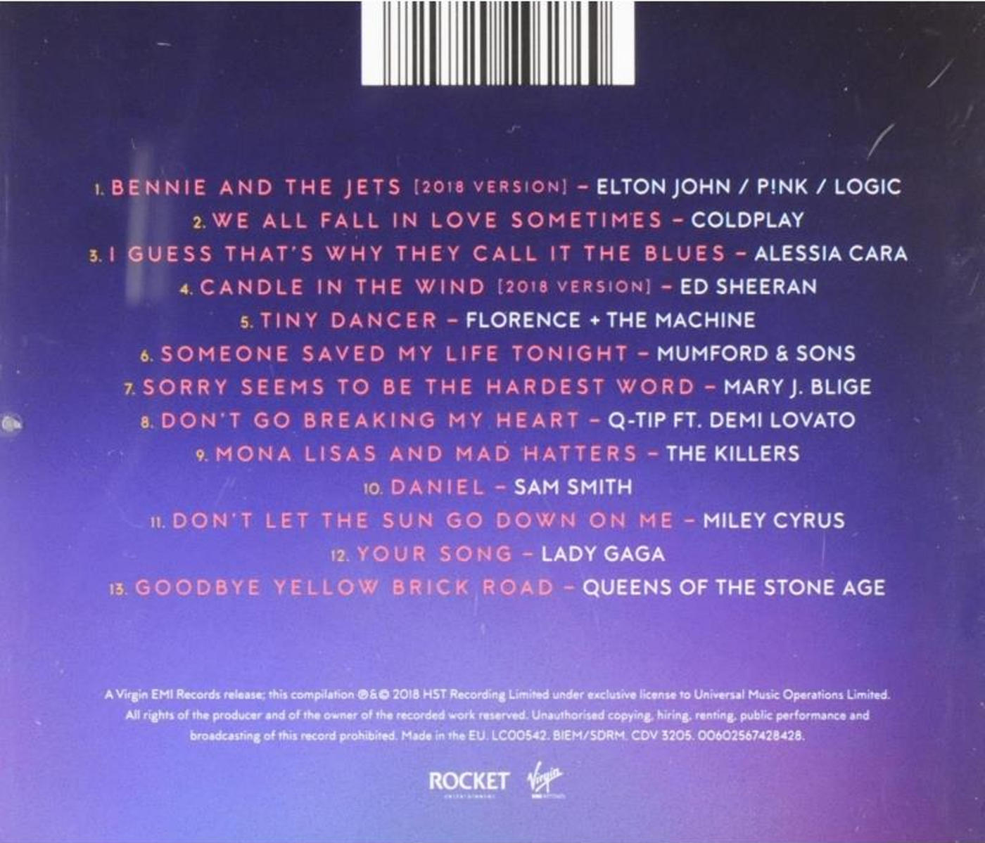 Rückseite einer CD mit Trackliste, u.a. von Elton John, Miley Cyrus. Logos sind sichtbar.