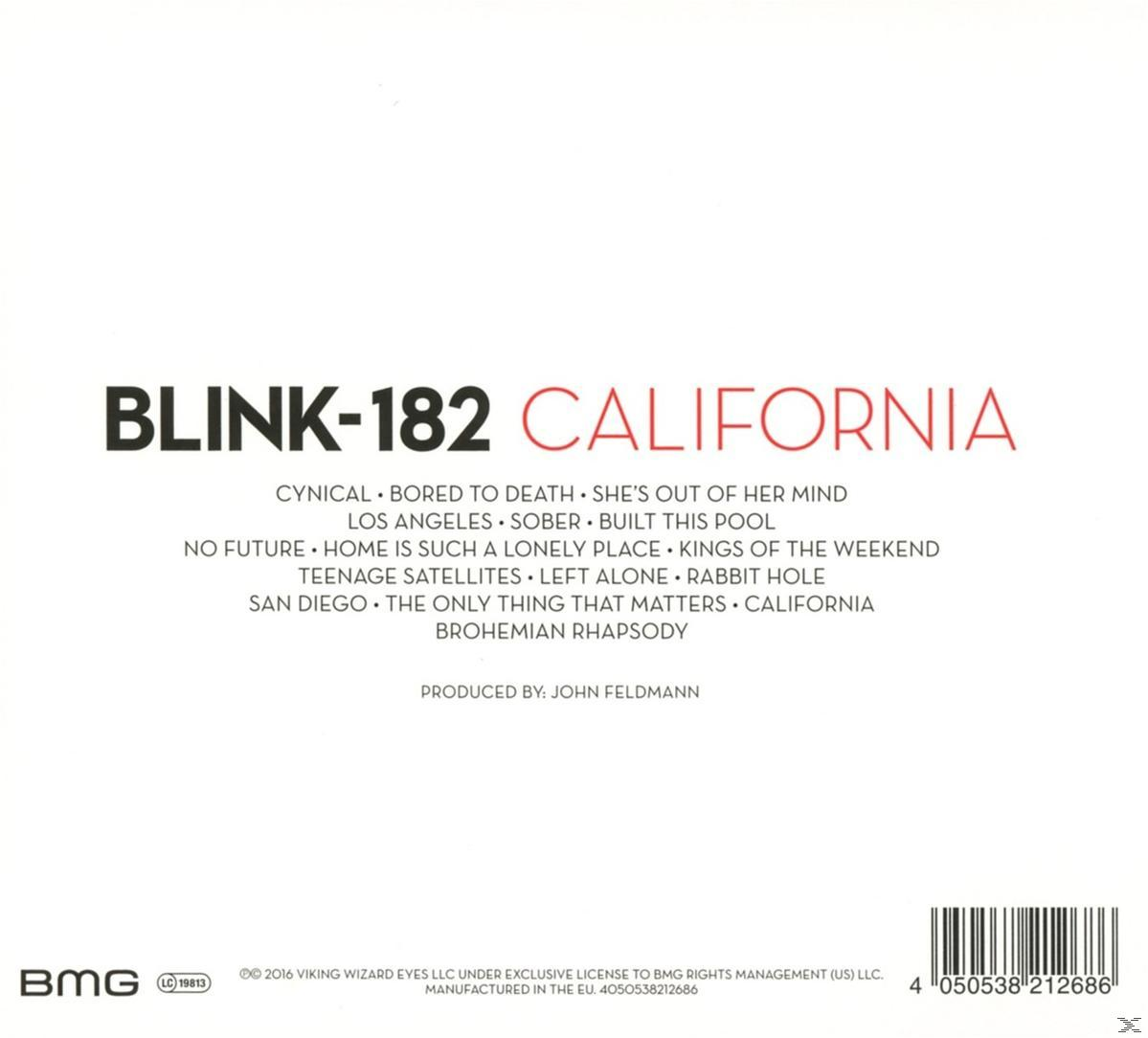 A Blink-182 California című albumának CD-borítója, a dalok címeivel és az album részleteivel.