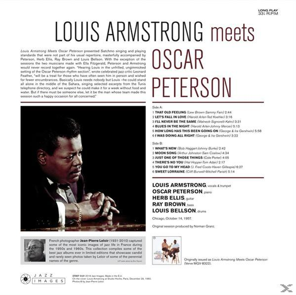 Louis Armstrong és Oscar Peterson album borítója, szöveggel és fotókkal.