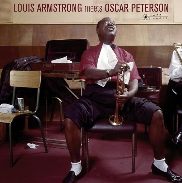 Louis Armstrong találkozik Oscar Peterson album borító. Két férfi egy szobában.