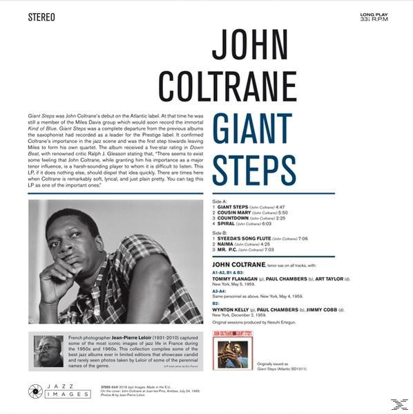 John Coltrane album borítója. Fekete-fehér fotó Coltrane-ről a 'Giant Steps' felirattal.