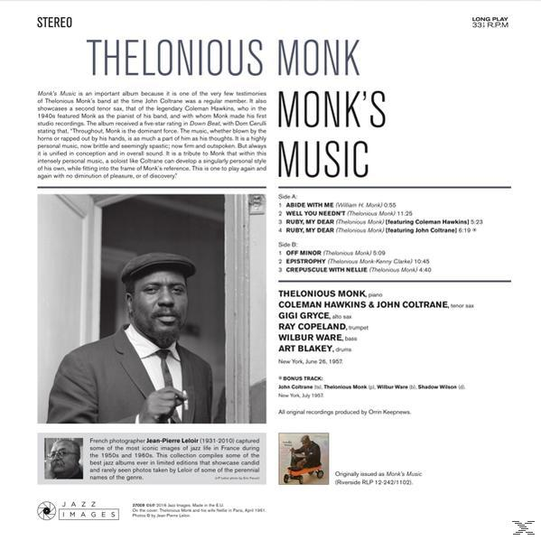 Album borítója fekete-fehér fotóval Thelonious Monkról. A szöveg a következőket tartalmazza: Monk's Music, Thelonious Monk.