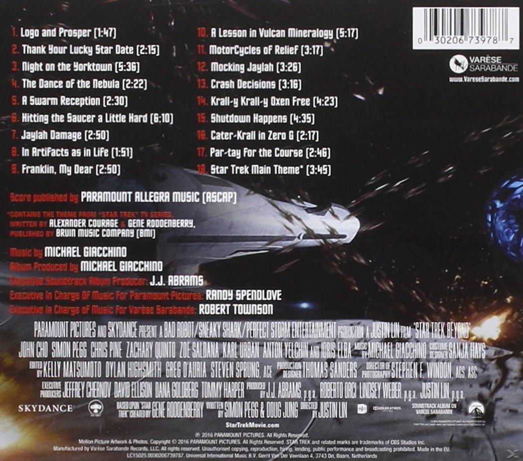A Star Trek filmzene CD hátlapja. A szöveg a dalcímeket és a stáblistát sorolja fel.