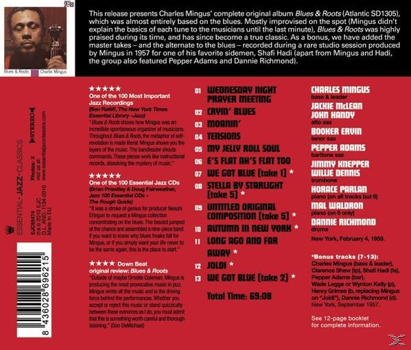 Egy CD-tok hátulja Charles Mingusról és a 'Blues & Roots' című albumáról.