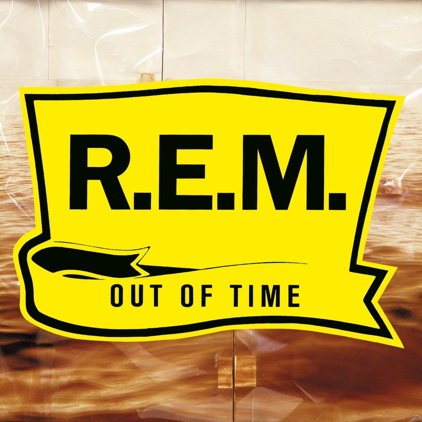R.E.M. Out of Time album cover. Yellow banner with text over water.