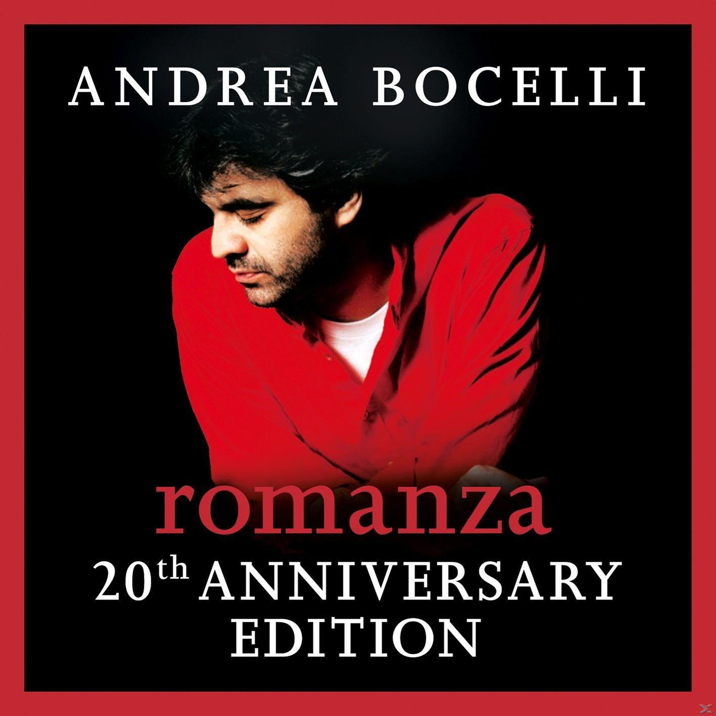 Andrea Bocelli piros ingben. Az album címe: Romanza, 20th Anniversary Edition.