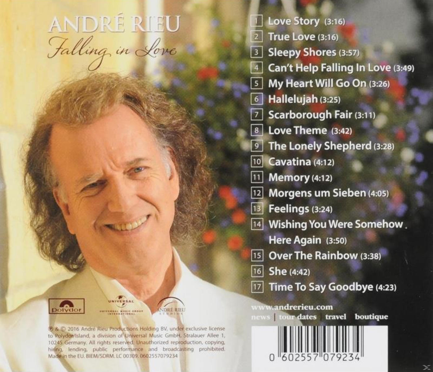 CD borító André Rieu-vel mosolyogva. Tartalmazza a dalcímeket és a logót.