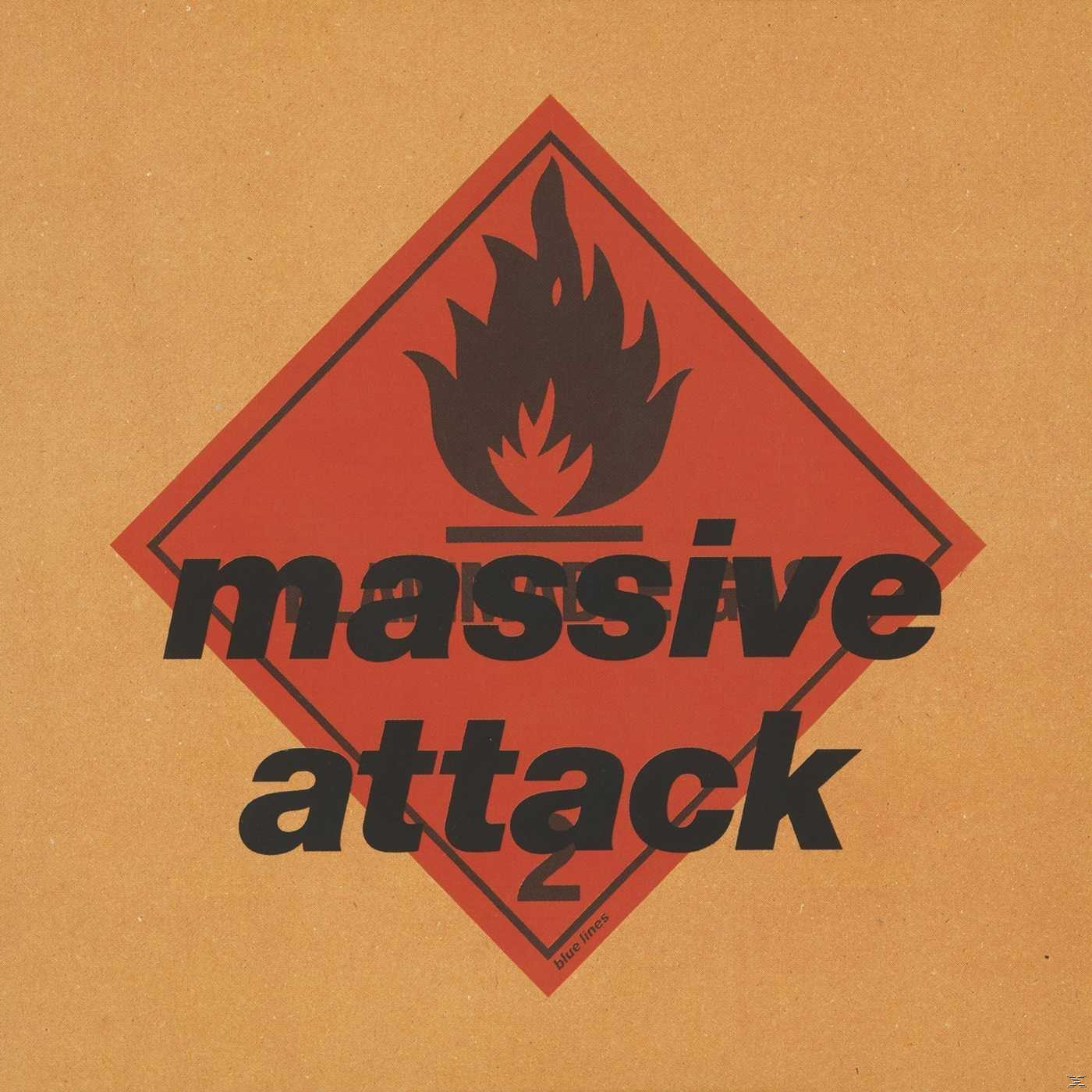Pochette d'album avec un losange rouge, une flamme noire et les mots "massive attack" sur fond orange.