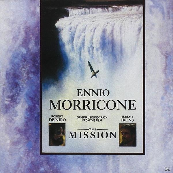 A Mission filmplakátja. Vízesés háttér, Ennio Morricone cím, Robert De Niro és Jeremy Irons.