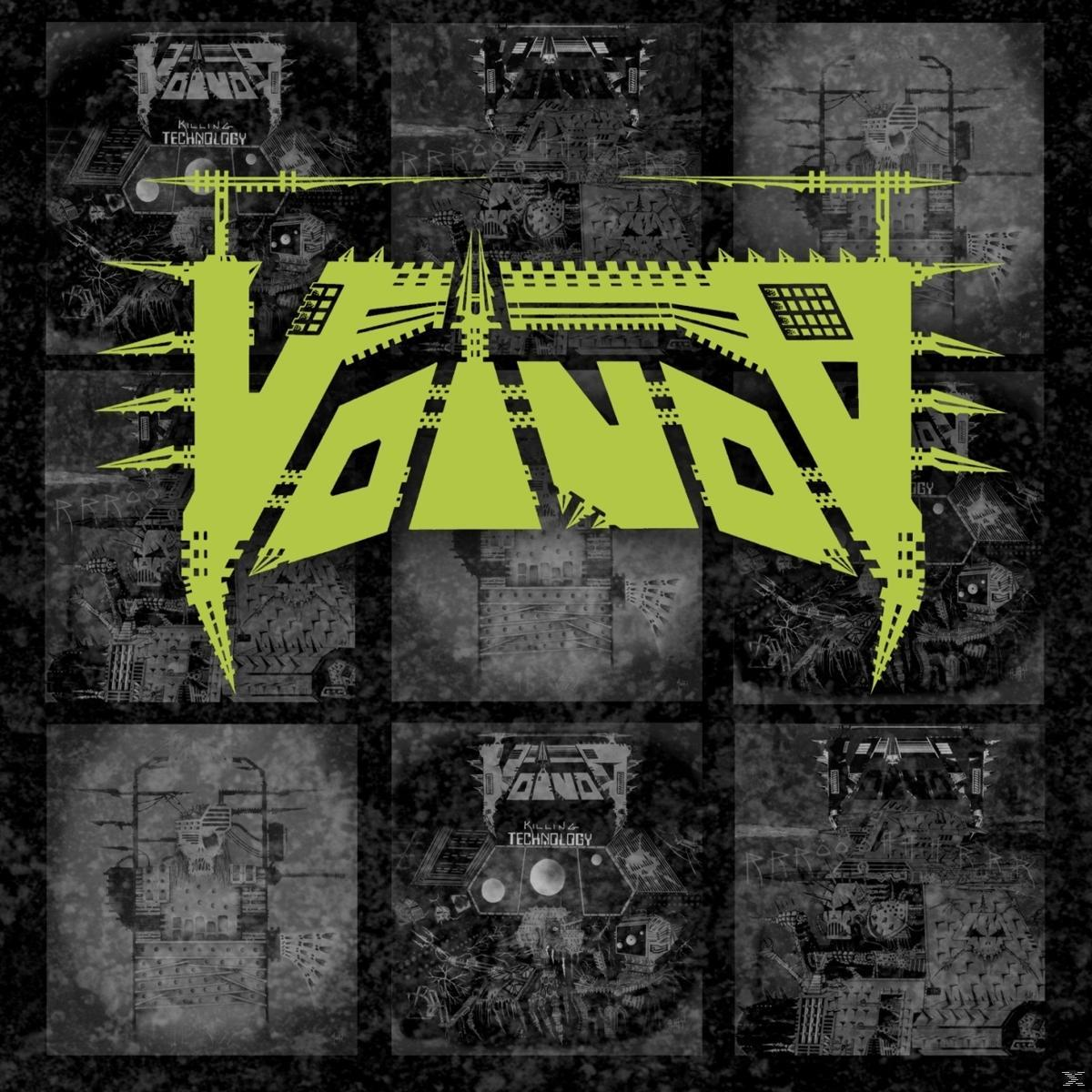 Album borító neon zöld 'Voivod' logóval. Absztrakt, mechanikus, grunge stílusú képek rácsa.