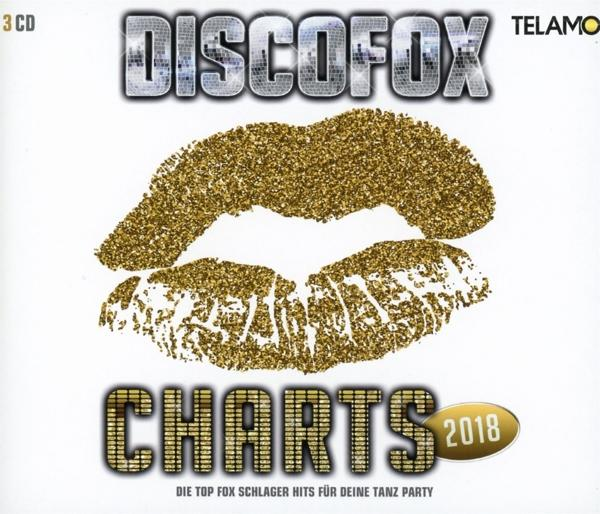 Ein goldenes Glitzer-Lippenbild auf weißem Hintergrund. Text oben lautet 'DISCOFOX CHARTS 2018'.