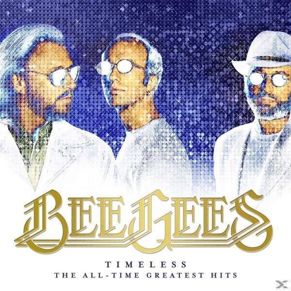 A Bee Gees album borítója, három férfi kék háttér előtt csillogó hatással. Cím: Timeless.