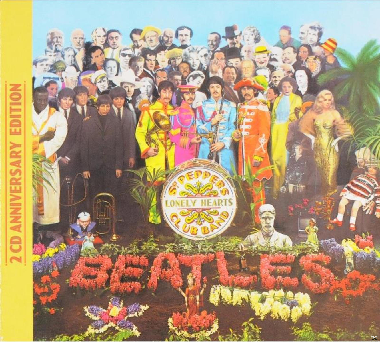 Sgt. Pepper's Lonely Hearts Club Band album borítója: Emberek tömege, virágok és egy zenekar. A cím virágokból.