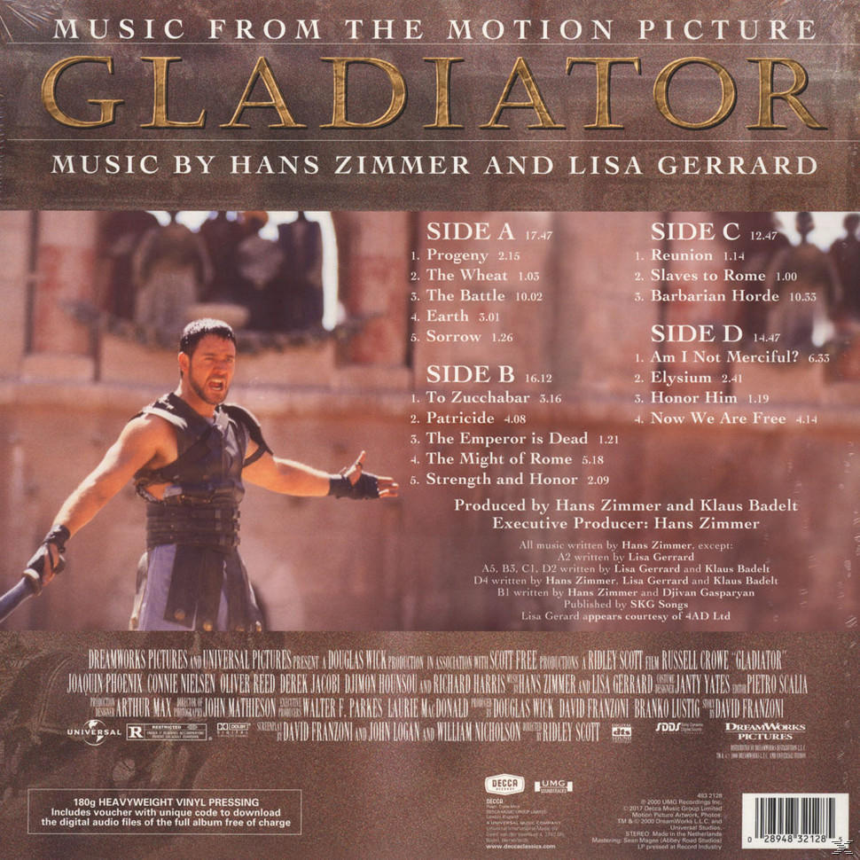 Gladiátor filmzene album borító. Egy férfi kardot tart.