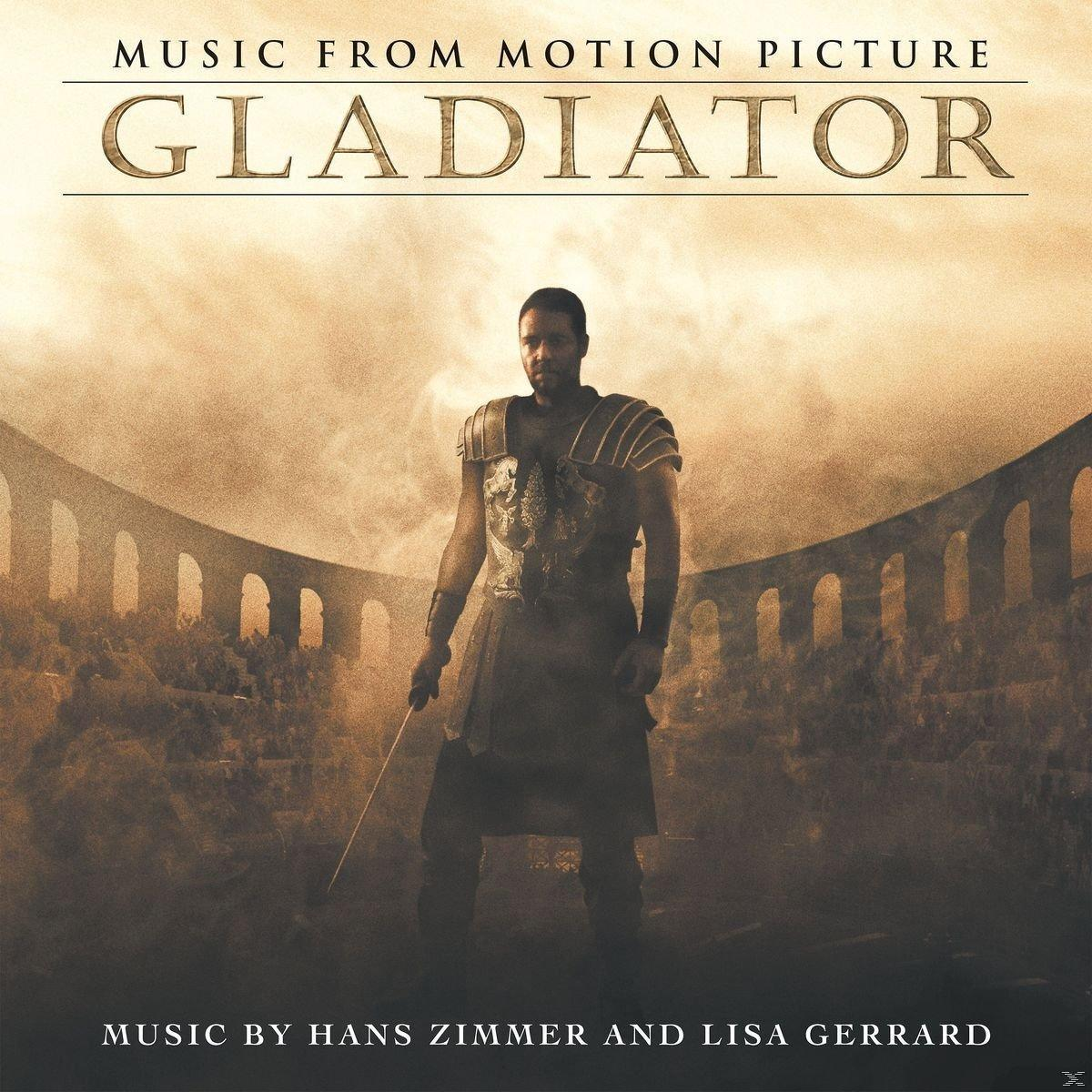 A Gladiátor filmzene borítója. Egy páncélozott férfi karddal áll egy aréna előtt.