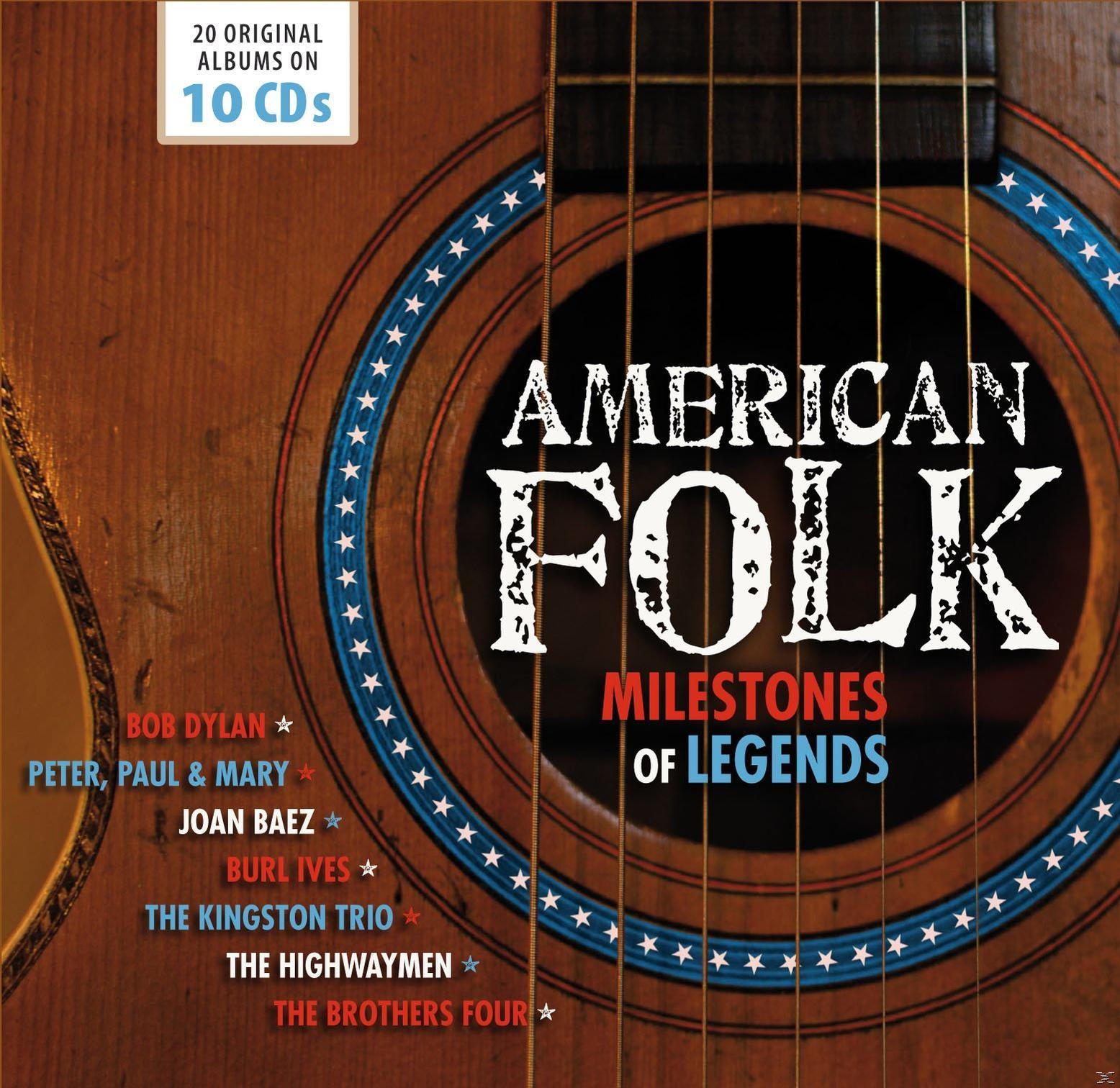 Pochette d'album : Une guitare avec le texte : American Folk. Milestones of Legends. Différents artistes sur la couverture.