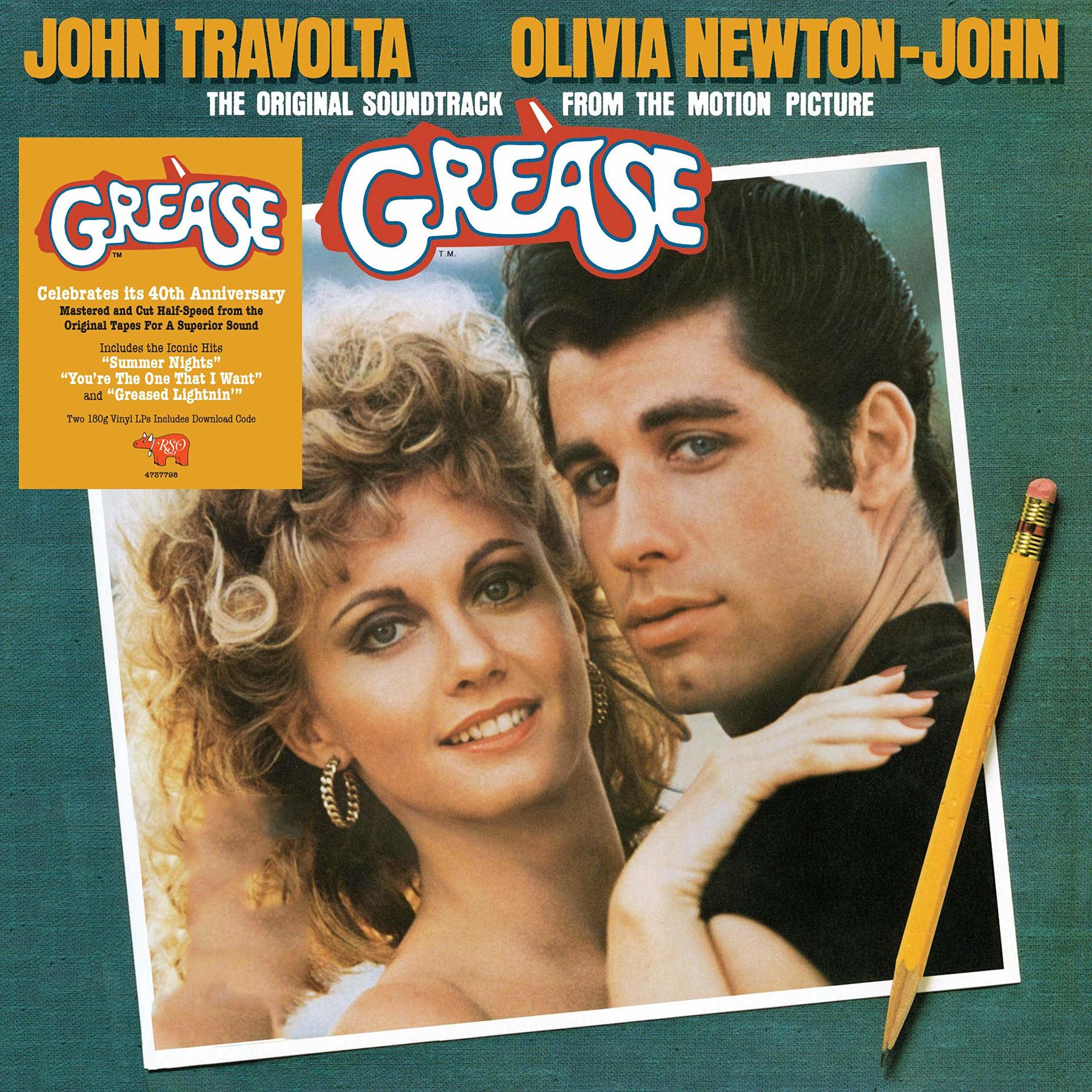 Grease-Soundtrack-Cover mit John Travolta und Olivia Newton-John, ein Bleistift an der Seite.