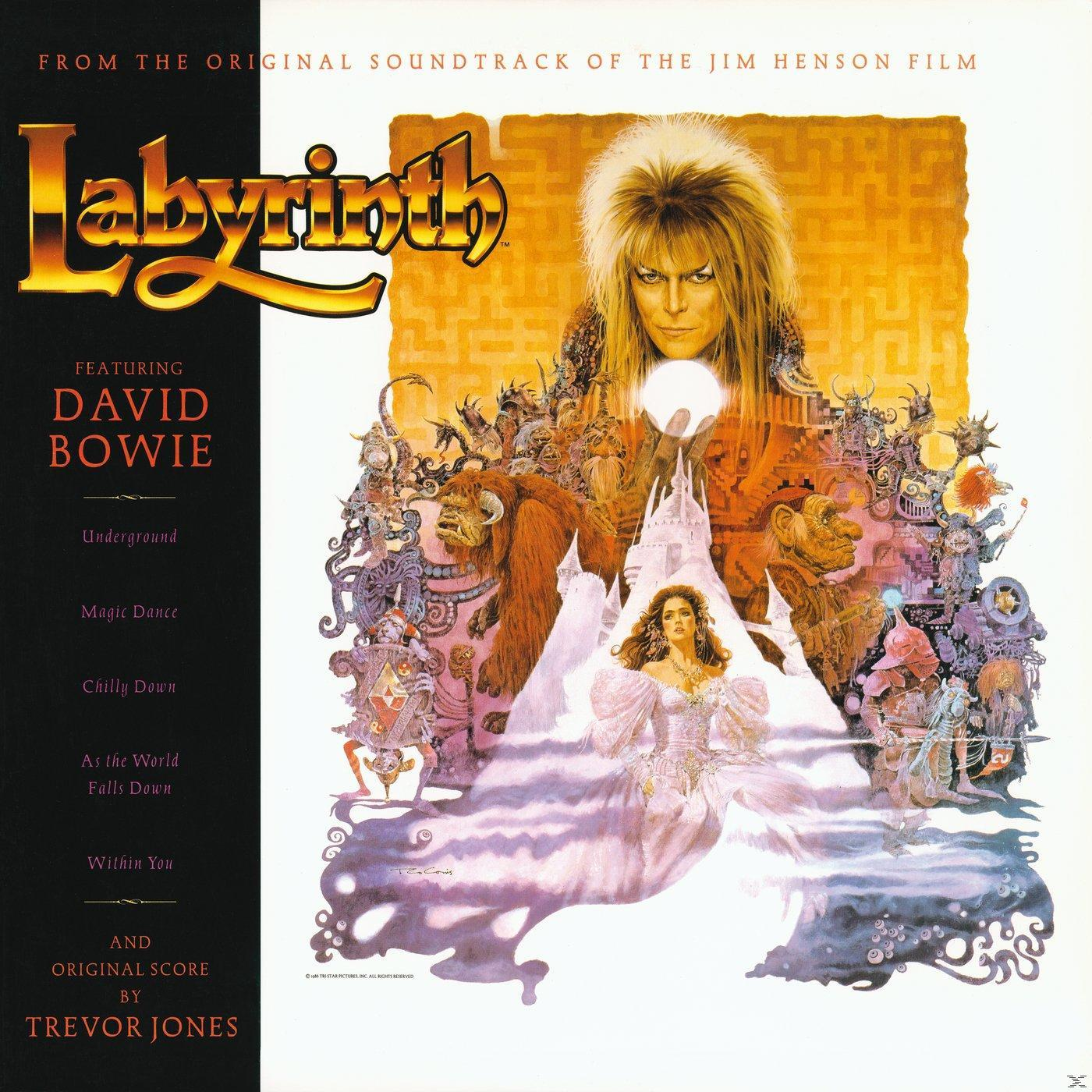 Labyrinth filmzene borító: David Bowie és mások. Szöveg és művészet a filmből.