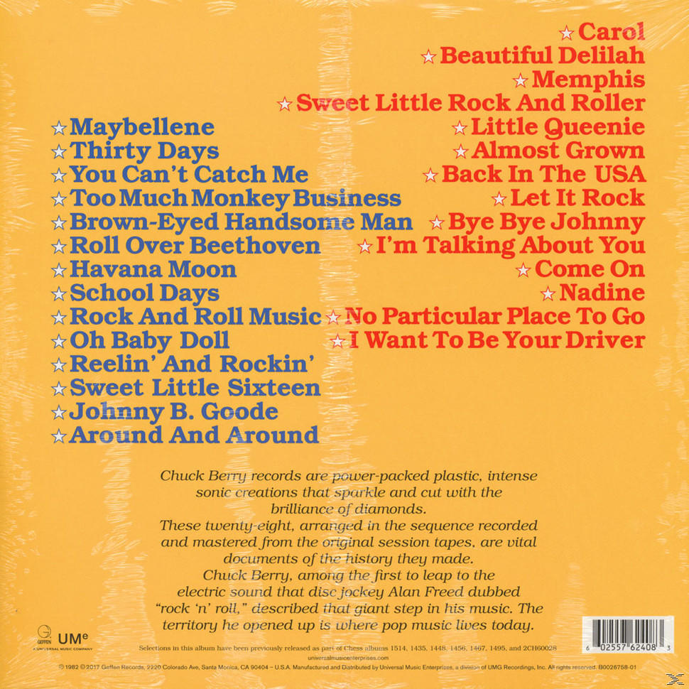 Chuck Berry album számlistája kék és piros csillagokkal, sárga háttéren.