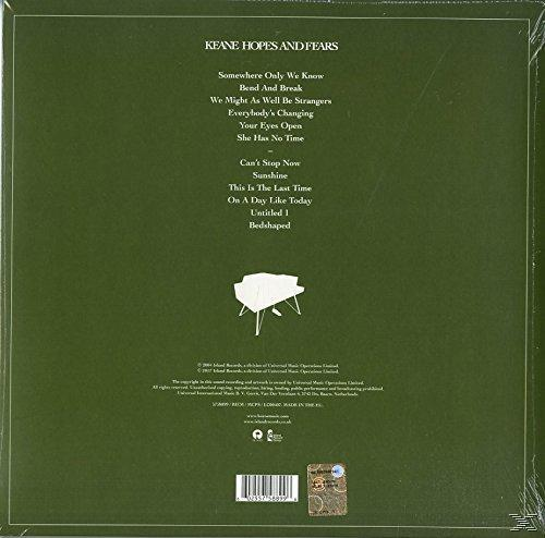 Album borító: 'Keane Hopes and Fears' számlistával, zongora grafikával, és zöld háttérrel.