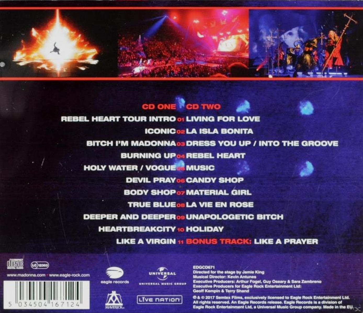 CD hátlapja számlistákkal és egy koncert képeivel tűzzel és előadókkal.