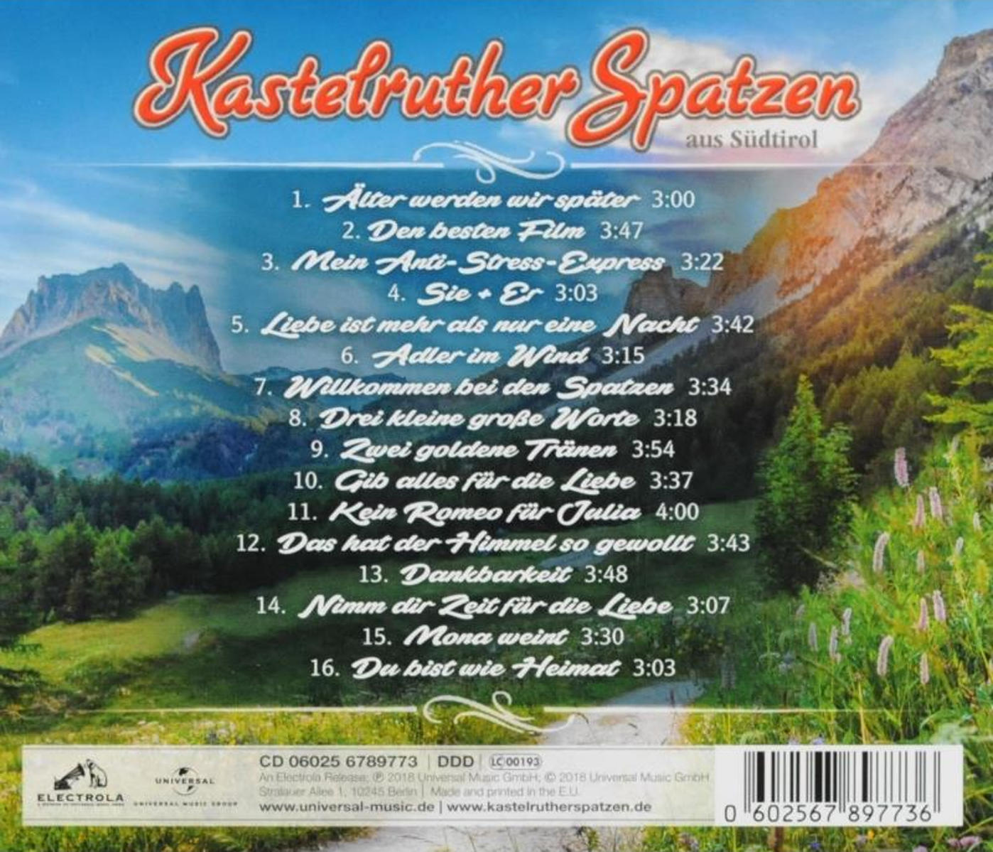 CD-Cover mit Berglandschaft und Text: Kastelruther Spatzen. Titelliste ist sichtbar.