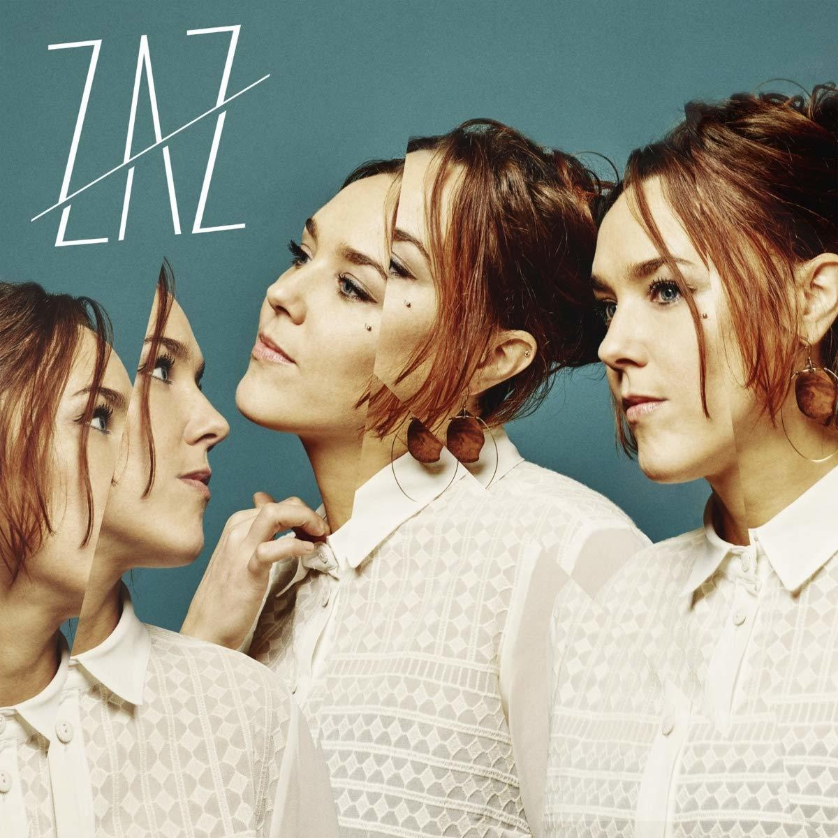 Zaz-Albumcover. Drei Bilder ihres Gesichts werden gezeigt. Der Hintergrund ist türkis.