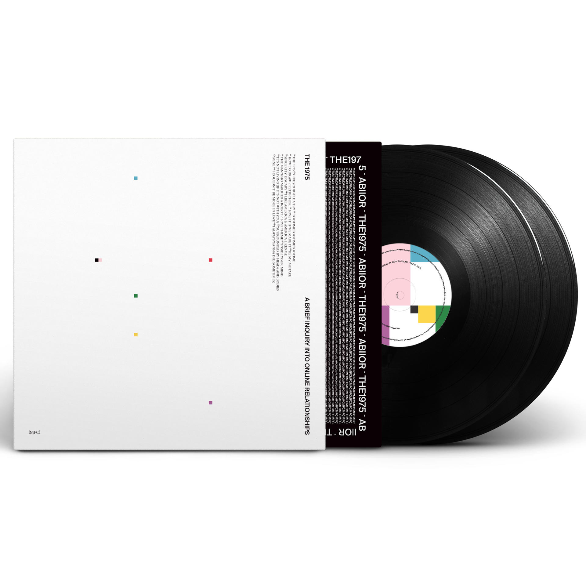 Eine Vinyl-Schallplatte und ihr Albumcover. Das Albumcover ist weiß mit farbigen Quadraten und Text.
