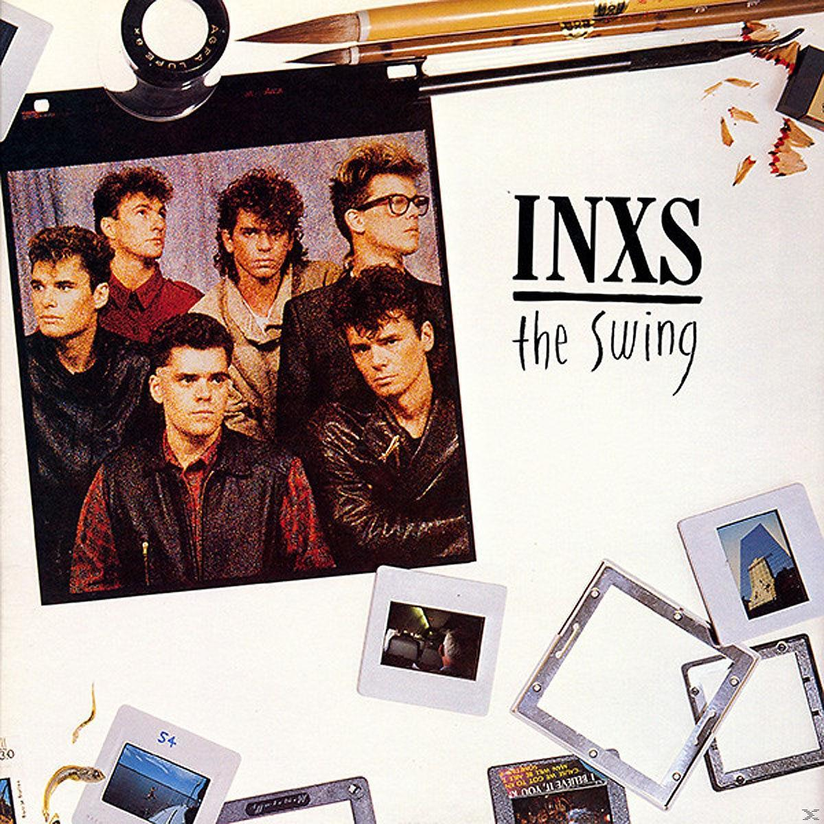INXS album borító: a zenekar tagjai és filmnegatívok a 'the Swing' szöveggel.