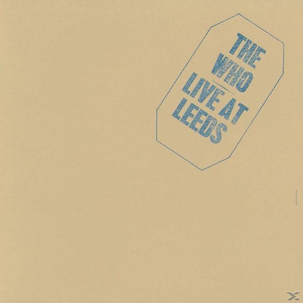 A The Who Live at Leeds című album borítója. Egyszerű dizájn kék címkével és szöveggel bézs háttéren.