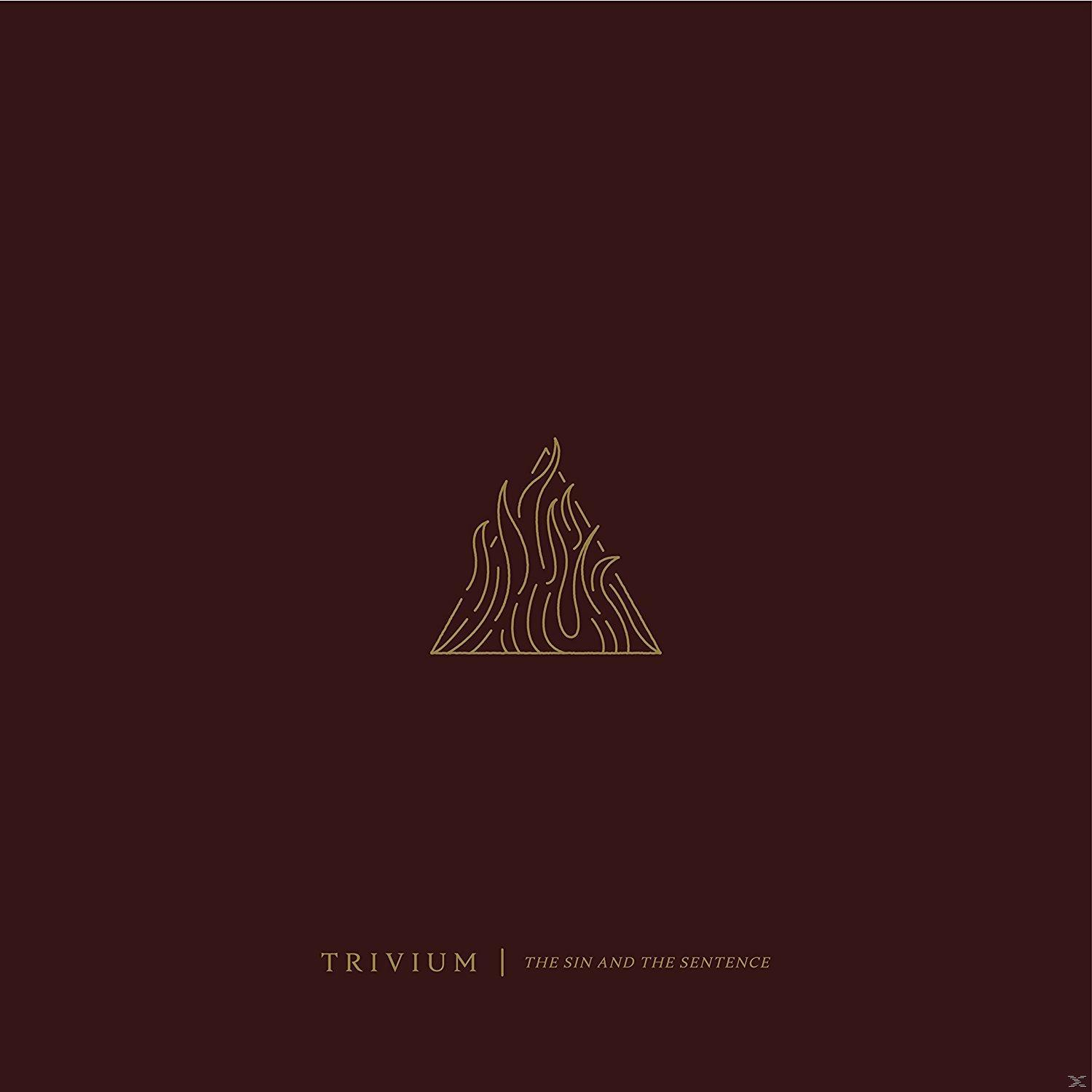 Trivium album borítója. Bordó háttér, aranyszínű, stilizált lánggal/háromszöggel. Album címe: The Sin and the Sentence.