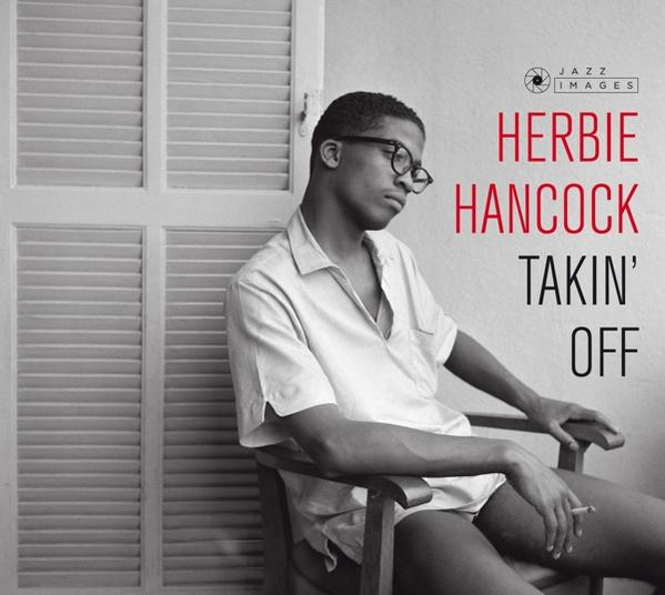Album borító: Férfi fehér ingben, szemüveggel, ül, dohányzik, szöveg Herbie Hancock, Takin' Off.