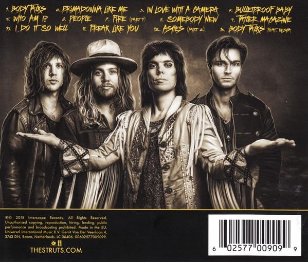 Albumcover mit Bandmitgliedern, Songtiteln und einem Bandlogo.
