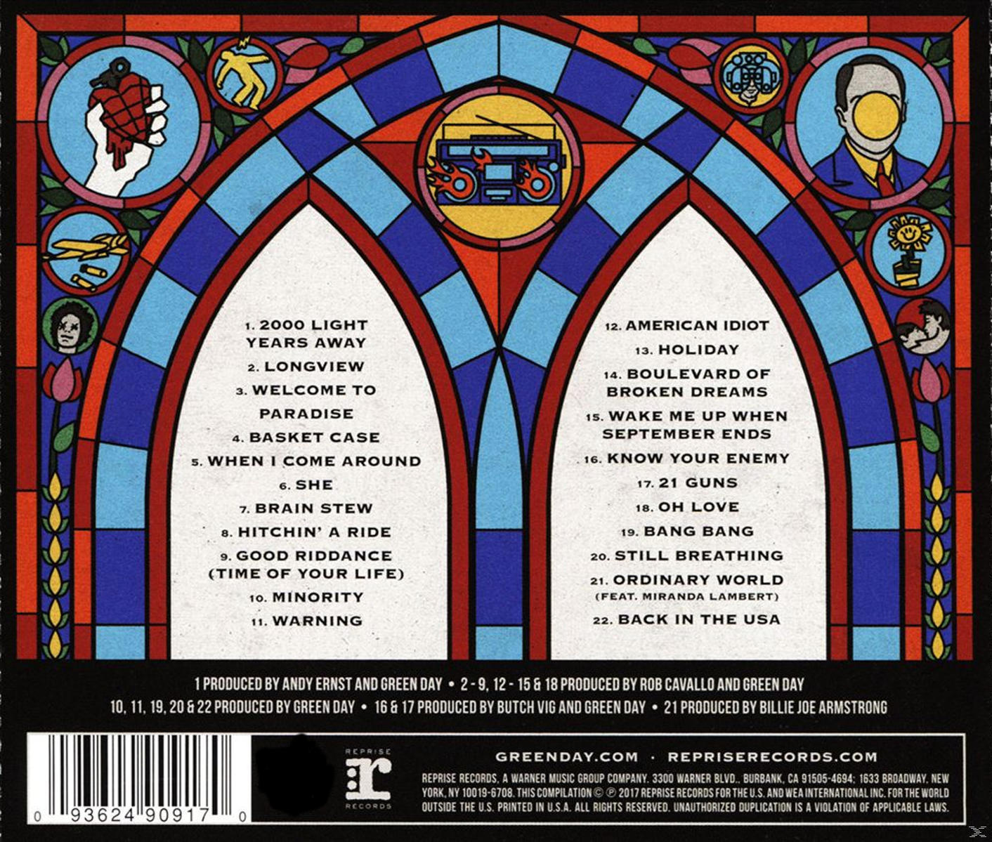 Album borító: ólomüveg design a Green Day dalcímeivel és a zenekar logójával.