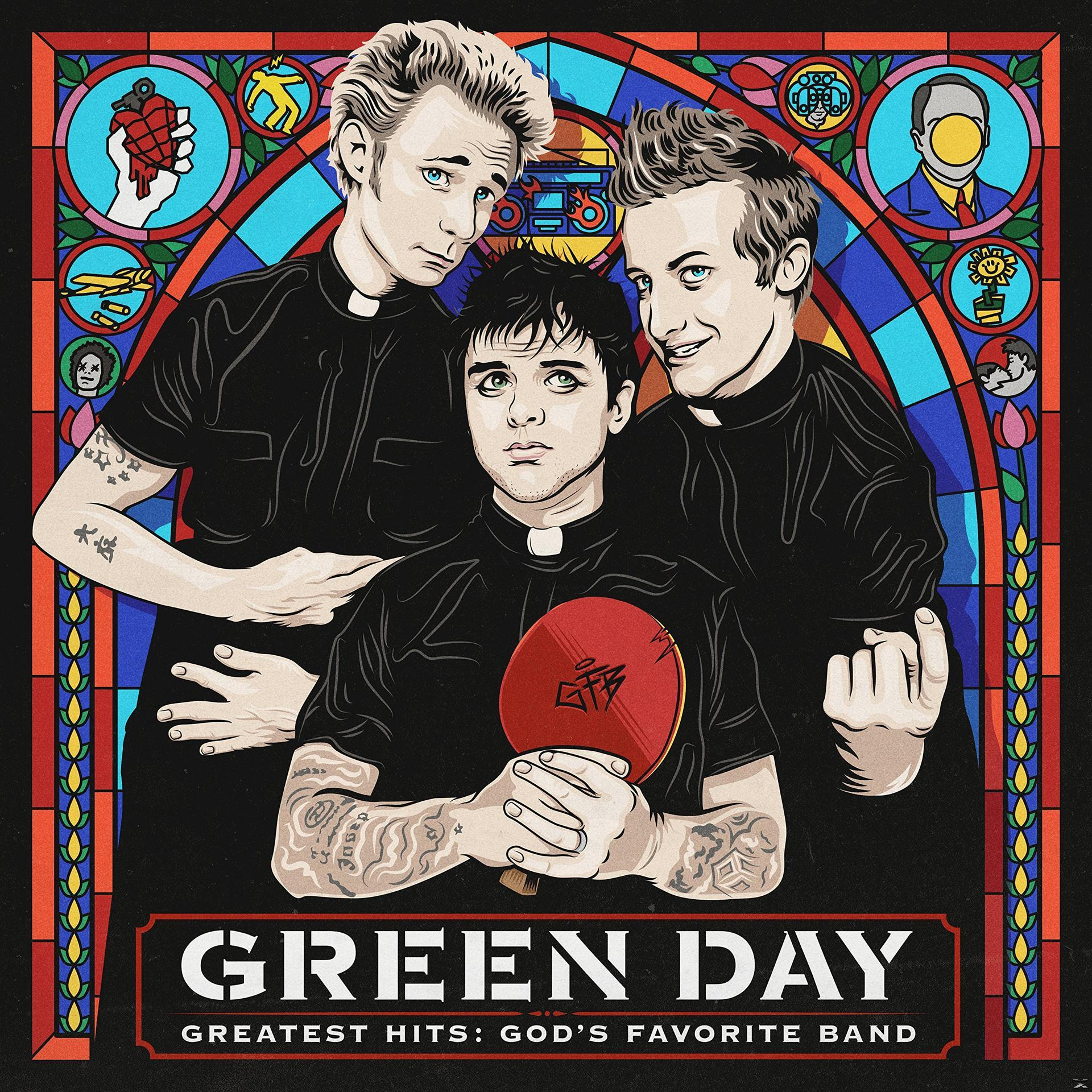 A Green Day album borítója. Három férfi papi gallérban, tetoválásokkal és egy pingpongütővel. Ólomüveg háttér.