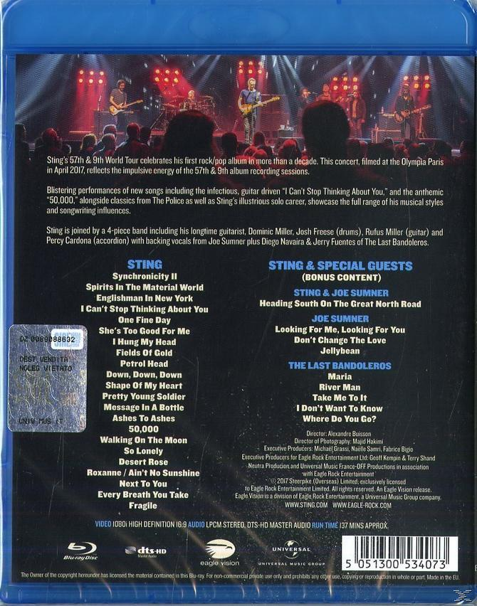 Egy kék DVD tok hátulja, Sting képével a színpadon és dalcímekkel.