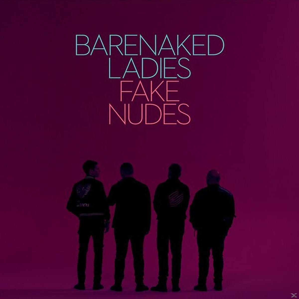 Négy alak sziluettben sötét rózsaszín háttéren. Album címe: Fake Nudes a Barenaked Ladies-től.
