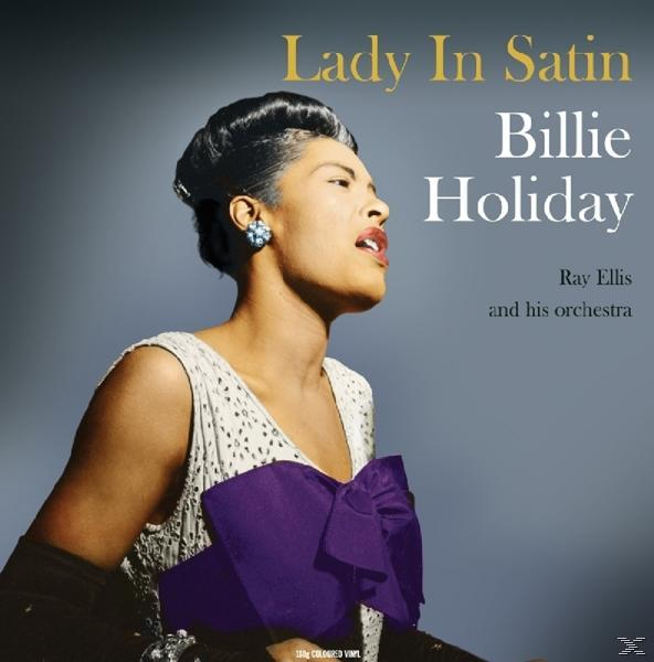 Album borító: Billie Holiday, profilban, lila masnival egy fehér ruhán.